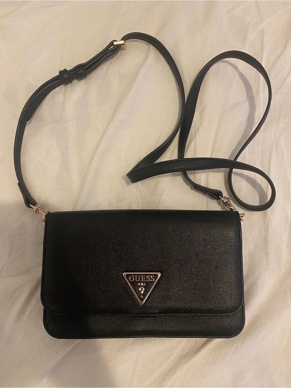 GUESS Black Leatherette Crossbody with Gold Logo Triangle